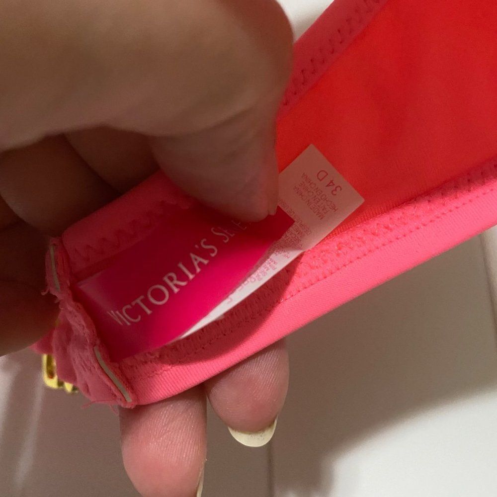 Victoria Secret push up neon pink with black/white striped straps swimsuit top - Picture 3 of 5